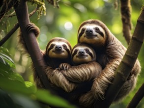 Sloth family lounging in jungle treetops, AI generated