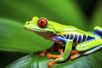 Red eyed tree frog lounging atop a tropical leaf, AI generated