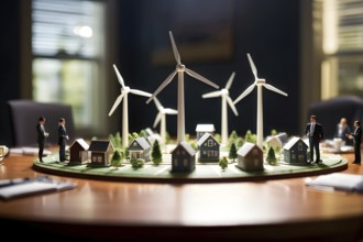 Scale model of a wind turbine adjacent to miniature houses, AI generated