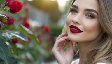 Smiling woman with red lipstick in front of red roses in the sunlight, AI generated, AI generated