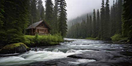 Rustic log cabin nestled in a dense evergreen forest with a river with whitewater in the