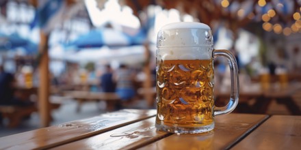 Banner with one large beer mug with blue and white Oktoberfest festival flags in background.