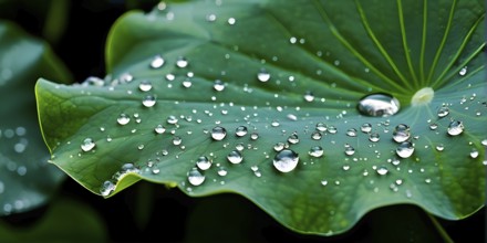 Close up of a lotus leaf showcasing its hydrophobic tendencies repelling water droplets, AI