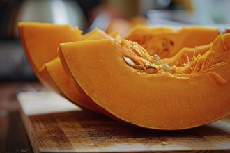 Slice of orange pumpkin with seeds on cutting board in kitchen. Generative AI, AI generated