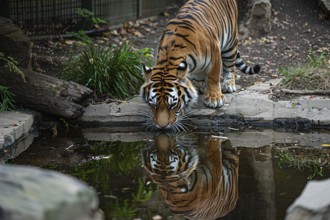 Tiger drinking water in zoo. Generative Ai, AI generated