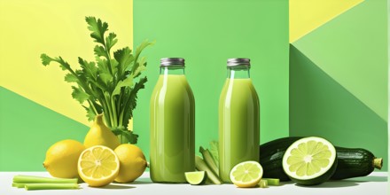 Bottle of vibrant green detox juice surrounded by green fruit and vegetables, AI generated