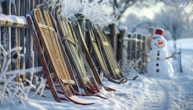 Rustic wooden sleds with frost covered branches and a snowman in the background, AI generated