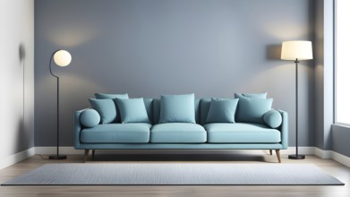 3d rendering of a couch with cushions and a floor lamp, AI generated