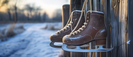 Pair of vintage ice skates hanging by their laces on an old wooden fence with frost and snow gently