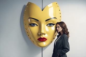 Thoughtful woman besides oversized female mask, AI generated