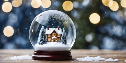 Winter Wonderland in Glass Ball Snow Globe on table and blurred bokeh background, AI generated