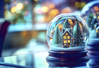 Winter Wonderland in Glass Ball Snow Globe on table and blurred bokeh background, AI generated