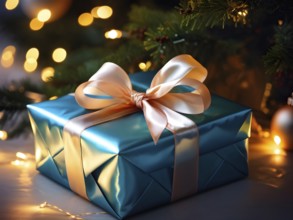 Close-up of a beautifully wrapped Christmas gift with a satin ribbon, set under a glowing Christmas