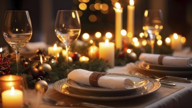 Close up of Christmas dinner table with traditional festive foods and ambient candlelight, AI