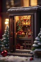 Traditional advent calendar door opening, showing a tiny festive scene inside with miniature