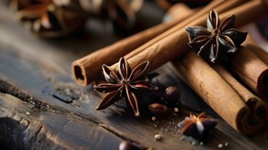 Christmas spices like cinnamon sticks, star anise, and cloves arranged on a wooden table, with soft