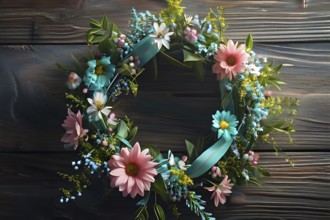 Spring wreath with pastel ribbons, speckled eggs, and blooming flowers, hanging on a wooden