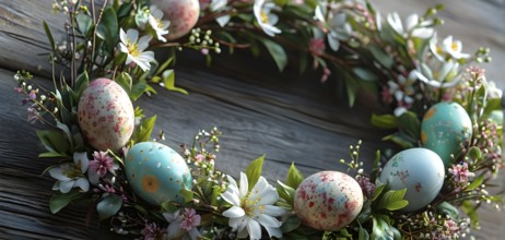 Spring wreath with pastel ribbons, speckled eggs, and blooming flowers, hanging on a wooden