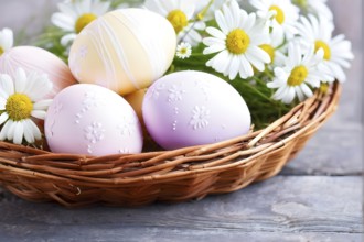 Pastel-colored Easter eggs in a wicker basket, surrounded by delicate spring flowers like daisies