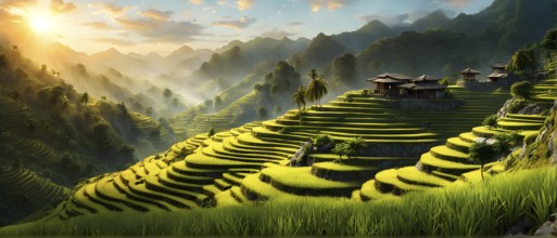 Early morning light bathes Philippines rice terraces cascading down mountain slopes, AI generated