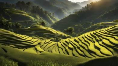 Early morning light bathes Philippines rice terraces cascading down mountain slopes, AI generated