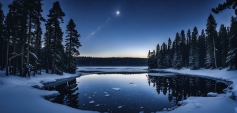 Tranquil winter night scene with a crescent moon and stars shining brightly over a frozen lake,