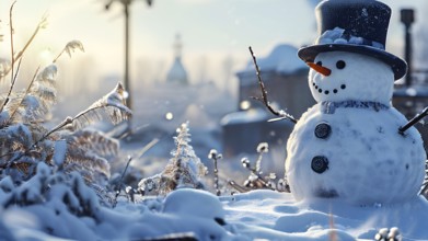 Snowman in an idylic winter urban scenery, snow-covered streets and buildings in background,