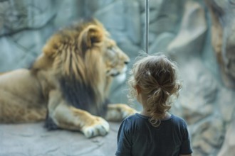 Young girl child watching lion in zoo behind glass. Generative AI, AI generated