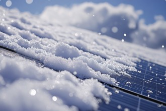 Close up of snow on photovoltaic solar cells on roof of house, Generative AI, AI generated