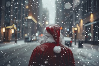 Back view of Santa Claus with red hat and cloak and snow in blurry city in background. Generative