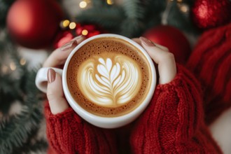 Woman hands in red sweater holding coffee with latte art with blurry seasonal chiristmas decoration