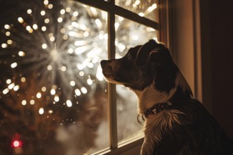 Dog looking out of window at fireworks in night sky. Generative AI, AI generated