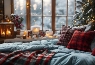 Cozy winter bedroom with flannel sheets, holiday throw pillows, with a warm glow filling the room,