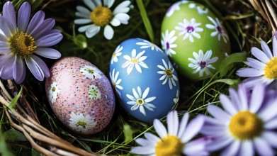 Vibrant-colored Easter eggs in a wicker basket, surrounded by delicate spring flowers, AI generated