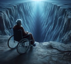 An old woman sits in a wheelchair on a precipice, symbolic image of illness, psychology, AI