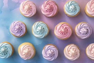 Top view of colorful cupcakes with frosting. KI generiert, generiert AI generated