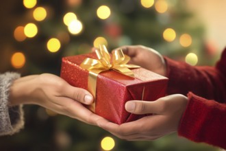 Gift giving concept. Hands holding Christmas present with blurry tree in background. KI generiert,