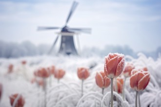 Red tulip spring flowers covered in snow with dutch windmill in background. KI generiert, generiert