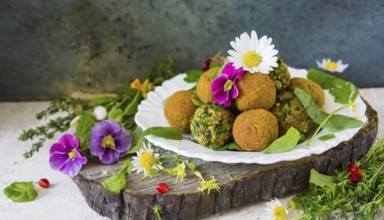 Food, falafel with herbs and edible flowers, product made from chickpeas, AI generated, AI