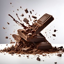 Milk chocolate bar exploding into fragments against a dark backdrop, AI generated