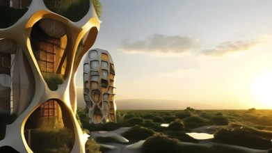 Futuristic skyscraper with termite mounds for natural ventilation and energy efficiency, AI