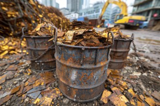 Scrap metal, in barrels in a scrap yard, recycling plant for metal utilisation, AI generated, AI