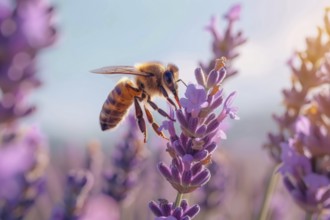 Bee, honey bee (Apis sp.) sitting on a lavender flower (Lavandula), AI generated, AI generated, AI