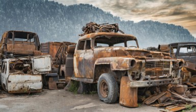 A collection of rusty, abandoned cars in a junkyard with a mountainous landscape in the background,