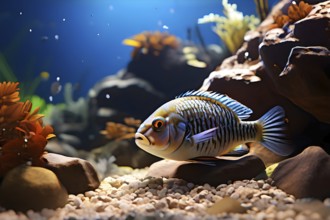 African cichlid habitat replicated in a biotope aquarium, AI generated