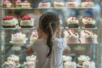 Young girl child looking at various cakes through shopping window of pastry shop. KI generiert,