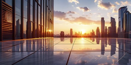 Marble ground with smooth reflective surface framing a view of a contemporary cityscape, AI