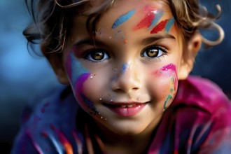 Close up Portrait of a child with a vibrant splash of face paint, AI generated