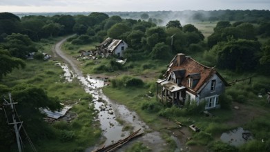 Aerial view showcases the extensive demolition within a village in massive water flood, AI