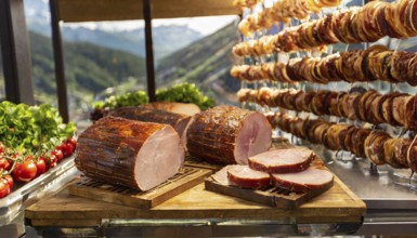 Food, meat, smoked ham in one piece in a butcher's shop, AI generated, AI generated